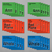 Composit graphic of 15 workbooks and 15 storybooks the complete Start Reading series.